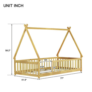 Sunvega Twin Tent Teepee Bed with Guardrails Slats and Door in Grey