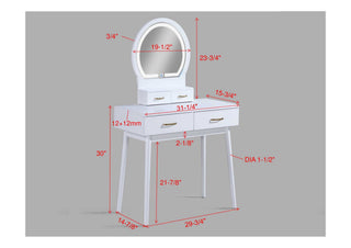 Sunvega Modern Luxury White Vanity Table Set with Built-in LED-lit Mirror and Stool