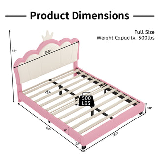 Sunvega Cream Pink Full Size Princess Bed with Crown Headboard and Footboard