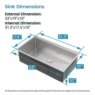 Sunvega Handcrafted 33x19 Inch Undermount Single Bowl Kitchen Sink Dark Gray