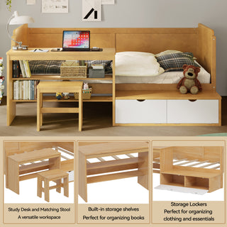 Sunvega Natural Wooden Twin Size Daybed with Storage Shelves and Study Desk