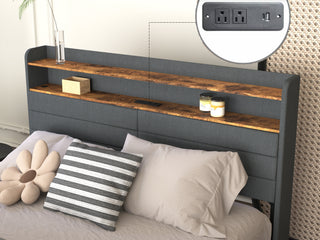 Sunvega Queen Upholstered Bed Frame with Headboard LED Lights Charging Station and 4 Storage Drawers
