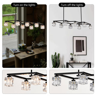 Sunvega Matte Black Crystal 8-Light Modern Industrial Chandelier with Adjustable Height for Dining Room
