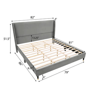 Sunvega King Beige Velvet Wingback Platform Bed with Low Profile Design