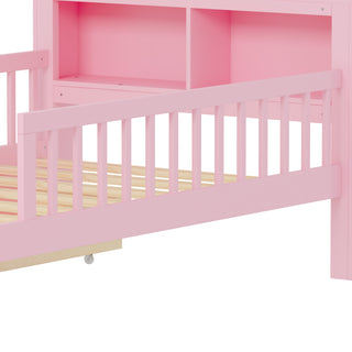 Sunvega Twin Size Bed with Headboard Storage, Two Under-Bed Drawers, and Three-Side Guardrails