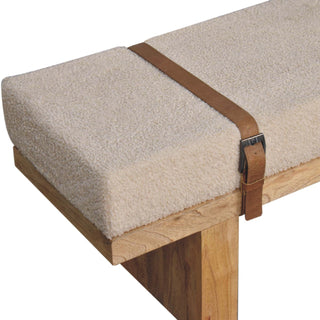 Sunvega Solid Mango Wood Belmont Cream Boucle Bench with Buffalo Leather Straps