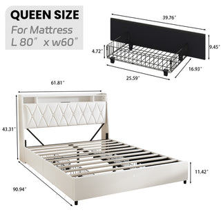 Sunvega Queen Bed Frame with Ergonomic Headboard Outlets Charger LED Light Storage