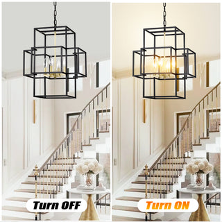 Sunvega Industrial Farmhouse 4-Light Metal Lantern Tiered Pendant Hanging Chandelier