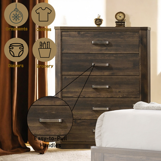 Sunvega Rustic Walnut Finish 5-Drawer Chest with Ample Storage Space