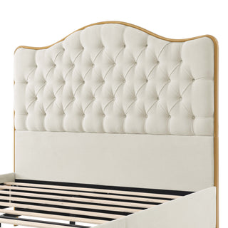Sunvega Upholstered Queen Bed Frame with Tufted Headboard and Curved Design