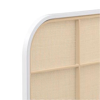 Sunvega Coastal White Queen Metal Bed with Radio Weave Rattan Headboard