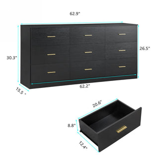 Sunvega Modern Black 9-Drawer Dresser with Golden Handles for Bedroom Storage