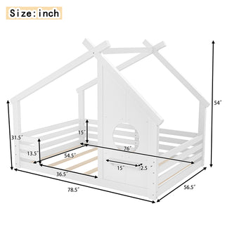 Sunvega White Twin House Floor Bed with Window and Shelf for Kids Room