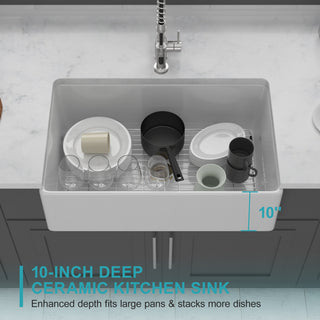 Sunvega 33 Inch White Porcelain Ceramic Farmhouse Kitchen Sink Workstation with Reversible Apron