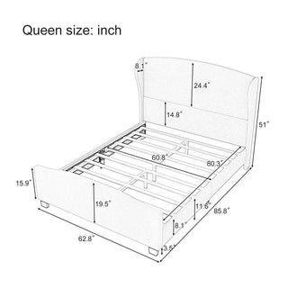 Sunvega Queen Size Linen Upholstered Wingback Bed with 51" High Headboard No Box Spring Needed