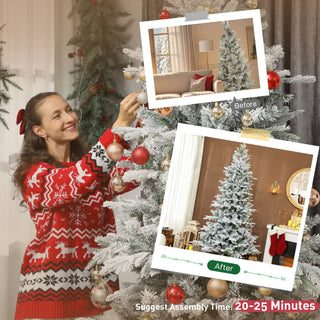 Sunvega Pencil Artificial Xmas Tree with Faux Snow Flocked Full Branch Tips Flame-retardant