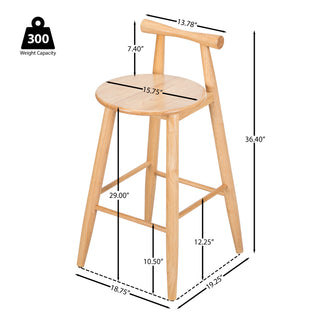Sunvega Natural Rubberwood Barstools with Cross Bar Backrest and Stable Structure Set of 2
