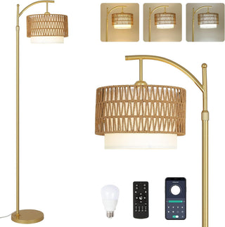 Sunvega Adjustable Farmhouse Arc Floor Lamp with Rattan & Fabric Shades and Remote