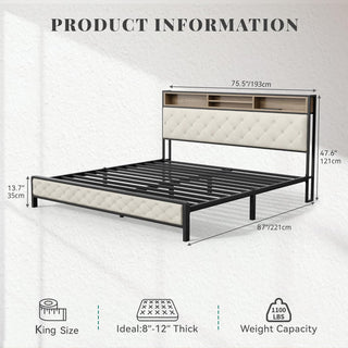 Sunvega King Size Platform Bed Frame with Charging Station and Upholstered Storage Headboard