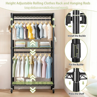 Sunvega Heavy Duty Freestanding Clothes Rack with 6 Adjustable Wire Shelves and 3 Rails