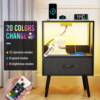 Sunvega Modern Nightstand with Charging Station LED Light Fabric Drawers 2 Pack