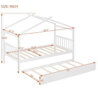 Sunvega Twin Size Wooden House Bed with Trundle and Headboard for Kids Room