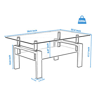Sunvega Modern Clear Glass Coffee Table with Double Layer Storage for Living Room