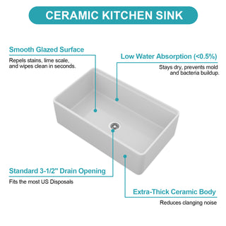 Sunvega 33 Inch White Porcelain Ceramic Farmhouse Kitchen Sink Workstation with Reversible Apron