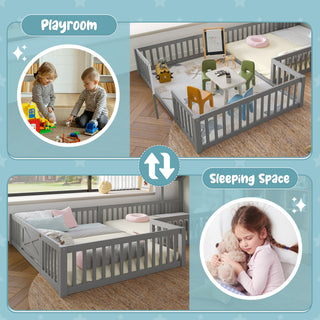 Sunvega Full Size House Floor Bed with Door and Full-Length Guardrails for Kids