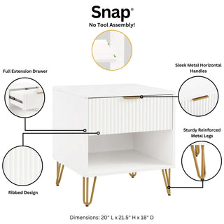 Sunvega Modern Glam Nightstand with Gold Metal Legs and Textured Drawer