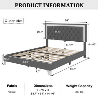 Sunvega Queen Size Upholstered Velvet Bed Frame with LED Lights and Tufted Headboard