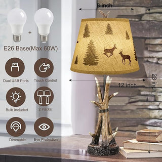 Sunvega Rustic Antler Table Lamps Set of 2 with USB Ports and Touch Dimmable