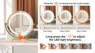 Sunvega White Corner Makeup Vanity Desk With Folding Mirror LED Lights And Stool