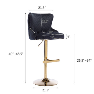 Sunvega Velvet Bar Chair Stool with Diamond Lattice Back and Golden Lion Head Pull Ring