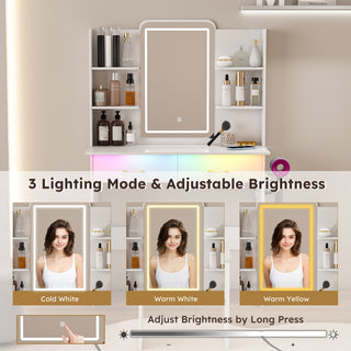 Sunvega Vanity Desk with LED Lights Mirror Power Outlet and Storage Drawers