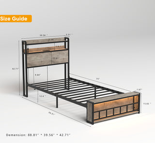 Sunvega Twin Bed Frame with LED Headboard Charging Station Storage and No Box Spring