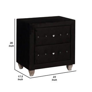 Sunvega Black Velvet Nightstand with Crystal Knobs and Two Drawers