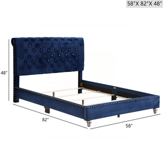 Sunvega Transitional Navy Blue Upholstered Full Bed with Tufted Details