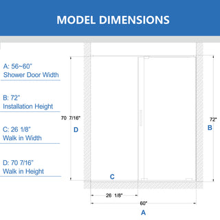 Sunvega 56-60" W x 72" H Semi-Frameless Sliding Shower Door with Matte Black Finish