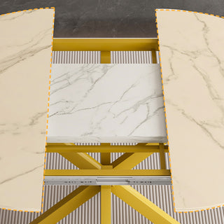 Sunvega Modern Round Dining Table with Marble Top and Adjustable Length
