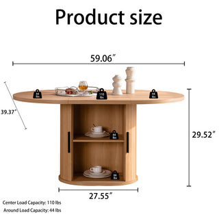 Sunvega Modern Oval Dining Table with 2-Layer Storage Shelf and Wood Slide Door