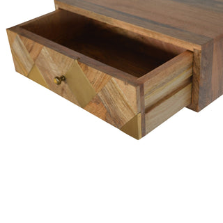 Sunvega Solid Mango Wood Wall-Mounted Nightstand with Brass Inlay Drawer and Gold Finish
