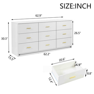 Sunvega Modern Black 9-Drawer Dresser with Golden Handles for Bedroom Storage