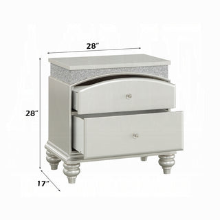 Sunvega Platinum Finish Glam Nightstand with 2 Drawers and Sparkling Rhinestones Inlay