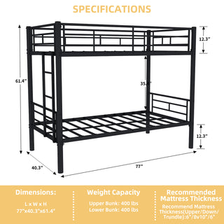 Sunvega Twin Over Twin Metal Bunk Bed with Ladders & Guardrail for Kids Boys Girls