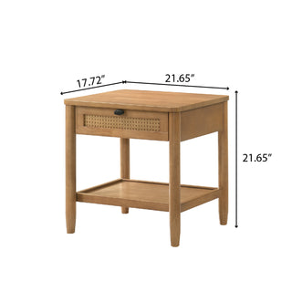Sunvega Light Walnut Single-Drawer Nightstand with Shelf and Woven Pattern