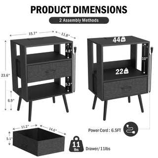 Sunvega Modern Nightstand with Charging Station LED Light Fabric Drawers 2 Pack
