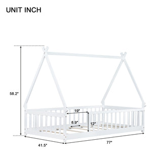 Sunvega Twin Tent Teepee Bed with Guardrails Slats and Door in Grey