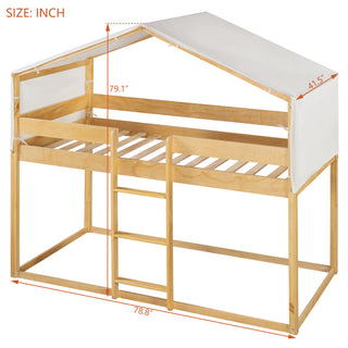 Sunvega Twin Over Twin Wood Bunk Bed with Playhouse Tent for Kids Room