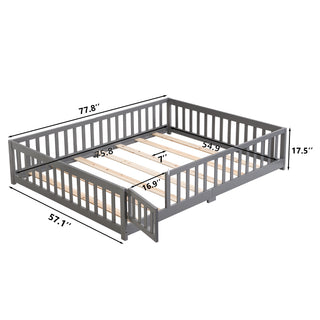 Sunvega Full Size Pine Wood Floor Bed with Safety Guardrails and Door